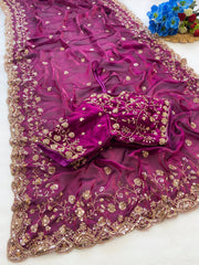 Beautiful Space Silk With Beautiful Original Golden Beads Work Saree With Stitched Blouse