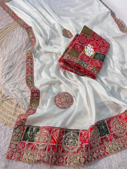 Trending Chinon Silk Saree With Maslin Rich Pallu