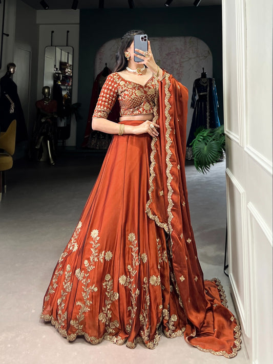 Trending Rust Rangoli Silk Sequins & Thread Embroidery Work Lehenga Choli