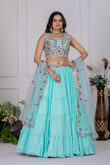 Stylish Sky Blue Pleated With Multi-Thread Sequins Work Lehenga Choli