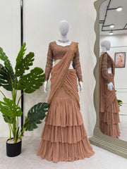 Beautiful Stylish Georgette Thread With Sequence Work Ruffle Saree With Stitched Blouse