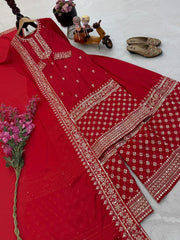 Elegant Red Festive Kurta Sharara Set with Designer Dupatta
