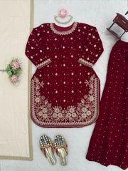 Elegant Ethnic Viscose Velvet Thread & Sequence With Pearl Work Suit