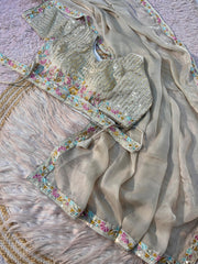 Party-wear Shining Moss Silk Embroidery With Sequence Work Saree With Stitched Blouse