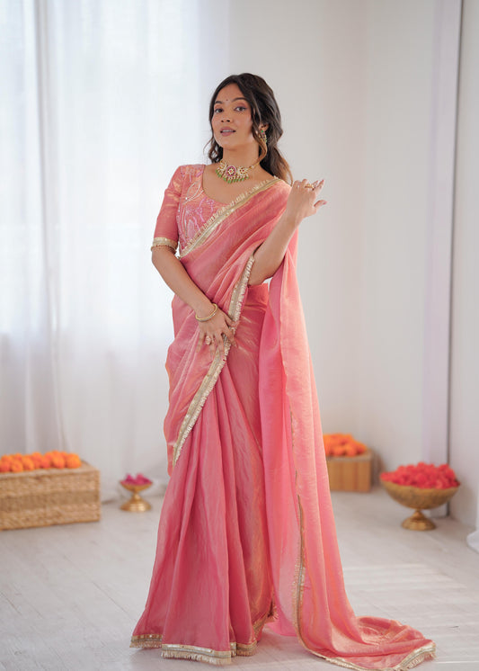 Elegant Fendy Silk Lace Border Peach Pink Ready-to-Wear Saree