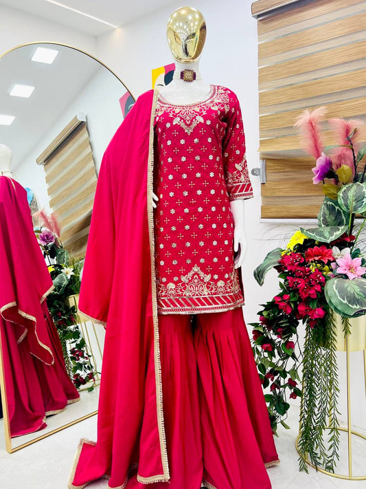 Party-wear Natural Crepe Embroidery Sequence Work Sharara