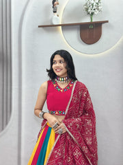 Navratri Special Cotton Hand Mirror Work & Thread Work Lehenga With Stitched Choli