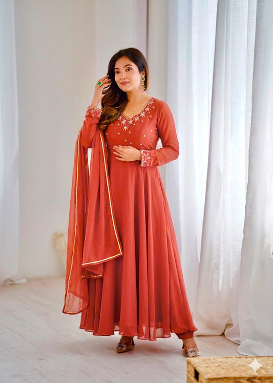 Party-wear Georgette Handwork Neck Sleeves Gown