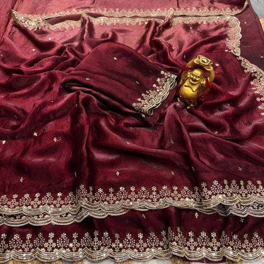 Beautiful Space Silk Sequence With Embroidery Work Saree