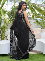 Party-wear Black Georgette Embroidery Sequence Work Saree