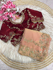 Beautiful Fendy Chiffon Coding & Sequence Embroidery Saree With Stitched Blouse