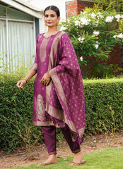 Beautiful Jacquard Silk Woven Designer Straight Suit