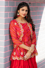 Beautiful Pure Bandhej Embroidery Thread Work Lehenga With Top & Koti