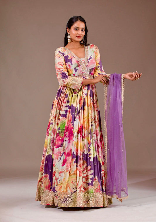 Designer Party-wear Gorgeous Chinon Silk Digital Floral Printed Gown