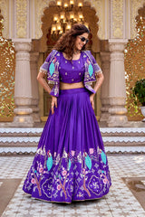 Festival Special Vichitra Silk Embroidery Thread Work Lehenga Choli With Koti