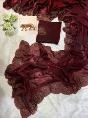 Party-wear Designer Fendy Satin Silk khatli Cut Dana Handwork Saree