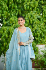 Unique Dusty Coloured Georgette Embroidery Work Gown