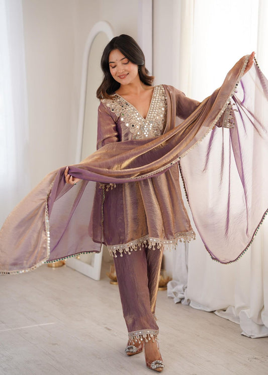 Trendy Stylish Fendy Kurti With Real Mirror Embroidered Work Bottom Dupatta