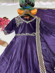 Beautiful Gold Crushed Silk Sequence Embroidery Work Long Gown