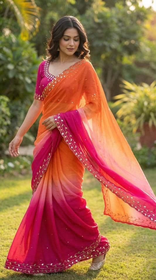 Beautiful Pure soft Chinon Peding Katdana Moti With Real Mirror Work Saree