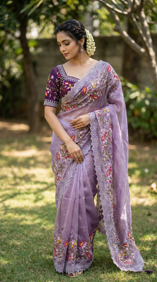 Beautiful Jimmy Choo Thread & Embroidery Work Designer Saree With Stitched Blouse