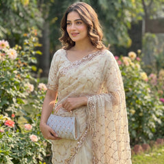 Party-wear Space Silk With Real Gold Beads With Cutwork Border Saree