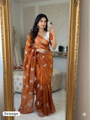 Beautiful Fendy Chiffon Silk Siroski & Val Moti Heart Cutwork Border Saree