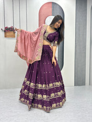 Festive Special Chinon Silk Embroidery Sequence Work Lehenga With Stitched Blouse