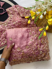 Beautiful Space Silk With Beautiful Original Golden Beads Work Saree With Stitched Blouse