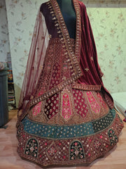 Heavy Pure Lycra Velvet Zarkan Work Multi Colour Double Duppata & Double Cancan Bridal Lehenga Choli