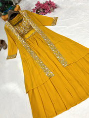 Elegant Mustard Yellow Embroidered Indo Western Lehenga Set