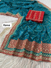 Beautiful Fendy Satin Rich Look Bandej Foil Work Saree