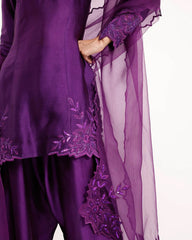 Stylish Purple Natural Crepe Beads With Thread Work Sharara Set