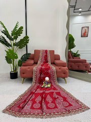 Red Beautiful Designer Kota Silk Jacquard With Coding & Sequence Lace Work Saree