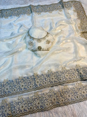 Beautiful Designer Pure Fendy Satin Silk Embroidery Border Work Saree