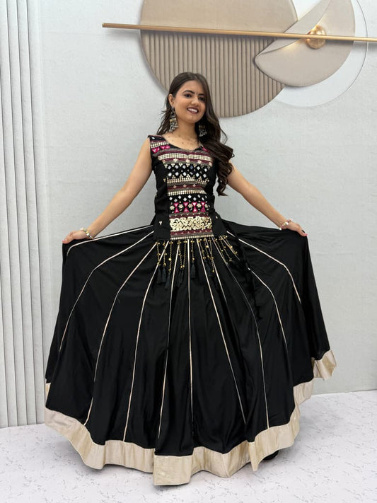 Navratri Special Mirror Handwork & Ribbon Work Lehenga With Stitched Choli