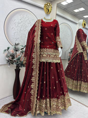 Party-wear Designer Two Tone Embroidery Sequence Work Top Dupatta With Lehenga