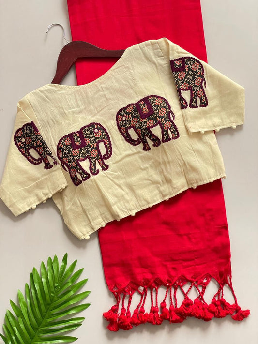 Beautiful Pure Khadi Cotton With Apllic Work Elephant Designer Blouse Saree
