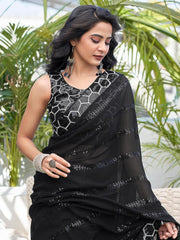 Party-wear Black Georgette Embroidery Sequence Work Saree