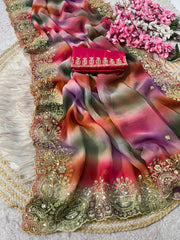 Beautiful Multi Color Georgette Work Saree