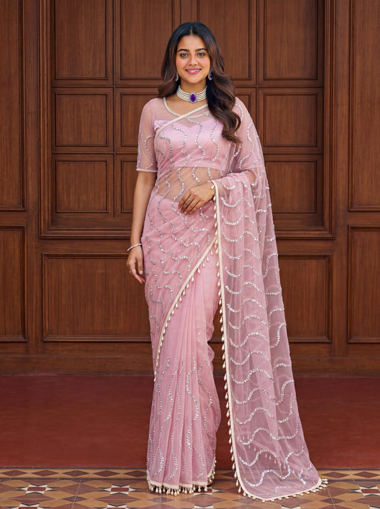 Party-wear Net Bits Sequence Pearls Embroidery Work Saree