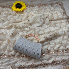 Party-wear Space Silk With Real Gold Beads With Cutwork Border Saree