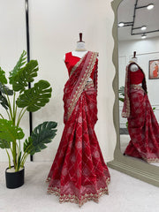 Red Beautiful Designer Kota Silk Jacquard With Coding & Sequence Lace Work Saree