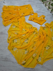 Haldi Special Georgette With Printed Ruffle Lehenga Saree