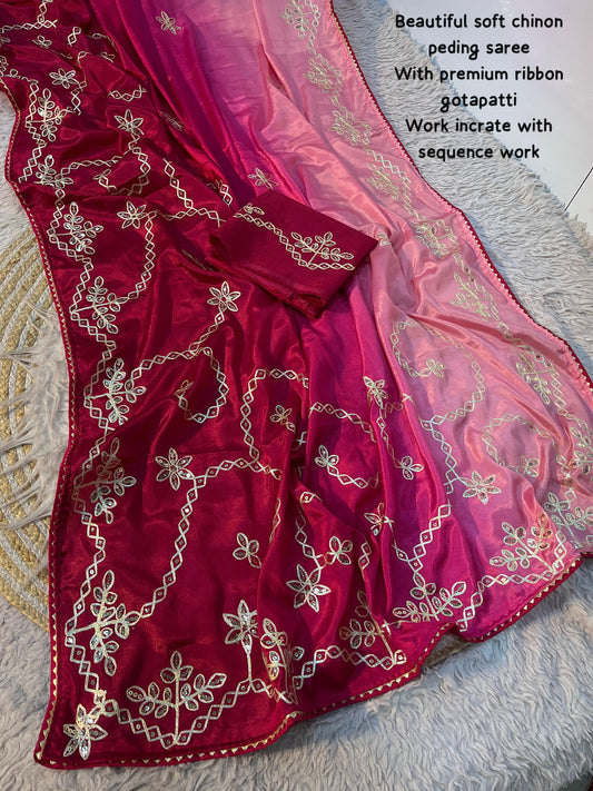 Beautiful Chinon Silk Peding Gotapatti Zaal Work With Sequence Work Saree