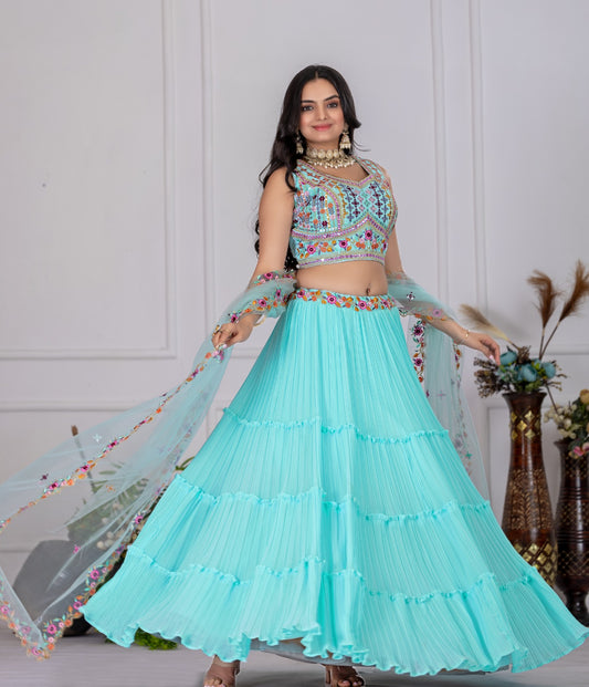 Stylish Sky Blue Pleated With Multi-Thread Sequins Work Lehenga Choli