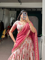 Beautiful Dola Chex Floral Printed With Zari Weaving Work Lehenga Choli