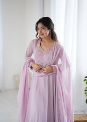 Party-Wear Georgette Handwork Neck Sleeve Fully Stitched Gown