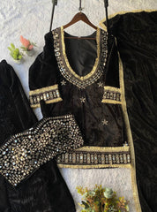 Winter Season velvet Real Mirror Embroidery Work Suit