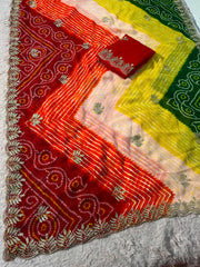 Beautiful Multi Shaded Lehriya With Silver Zari Sequence Shiny Leaf Work Saree